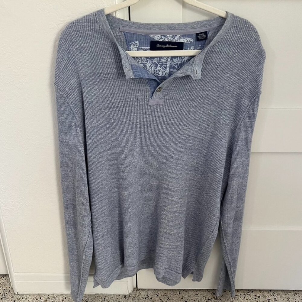 Tommy Bahama long-sleeve waffle-knit henley shirt light blue cotton linen